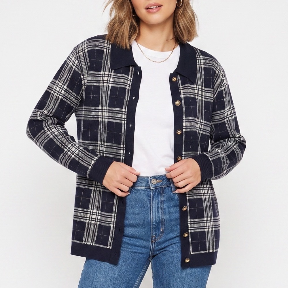 eccotoo Cardigan Womens 2XNavy Blue Plaid Metallic Button-Down NEW